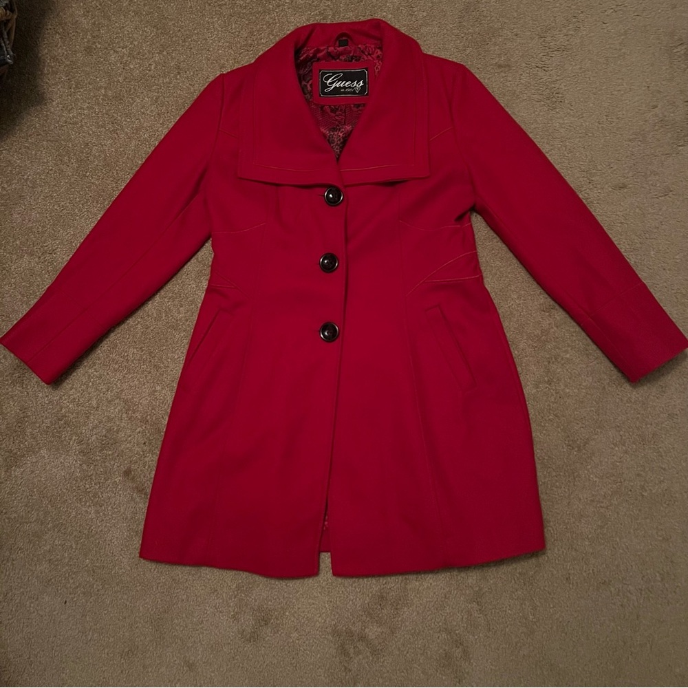 Guess red wool coat size petite large.